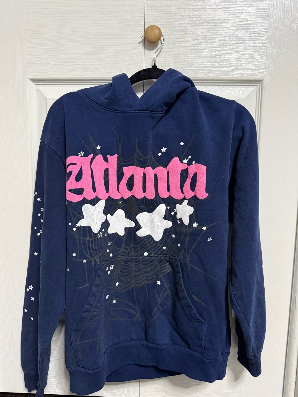 Sp5der Atlanta Graphic Navy Hoodie with Pink Script